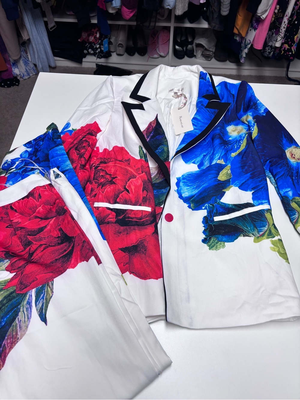 Floral Print Blazer with Red & Blue Blooms and dramatic flare matching pants, M